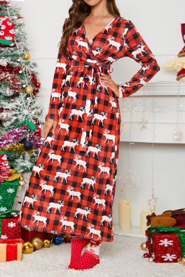Surplice V Neck Christmas Maxi Dress with Waist Tie 