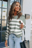 Gray Stripe Striped Print Pocketed Long Sleeve Top with Slits
