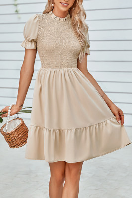 Plain Elastic Waist Tiered Mini Dress 