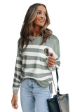 Gray Stripe Striped Print Pocketed Long Sleeve Top with Slits