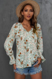 Green Floral Print Tie V Neck Button Up Blouse
