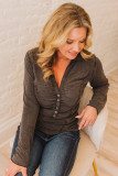 Black V Neck Buttons Ruched Long Sleeve Top