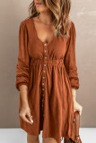 Brown Button Up High Waist Long Sleeve Dress