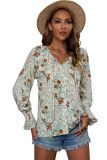 Green Floral Print Tie V Neck Button Up Blouse