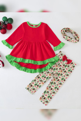 Girl Red Flare Top with Christmas Print Pants 2pcs Set