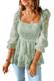 Green Square Neck Smocked Puff Sleeve Blouse