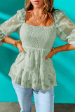 Green Square Neck Smocked Puff Sleeve Blouse