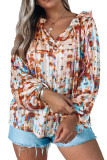 Multicolor Pattern Print Ruffled Pleated Long Sleeve Blouse
