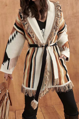 Aztec Stripes Splicing Front Open Tassle Knitting Coat 