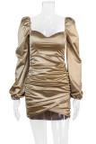 Gold Puffy Sleeves Ruched Bodycon Dress
