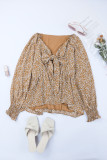 Brown Floral Print Front Tie Ruffled Long Sleeve Blouse