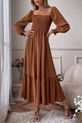 Square Neck Puff Sleeves Ruffle Long Dress 