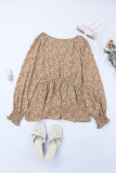 Brown Floral Print Front Tie Ruffled Long Sleeve Blouse