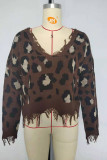V Neck Leopard Ripped Tassle Knitting Sweater 