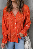 Red Print Tie V Neck Button Up Blouse