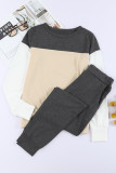 Khaki Color Block Pullover 2pcs Loungewear Set