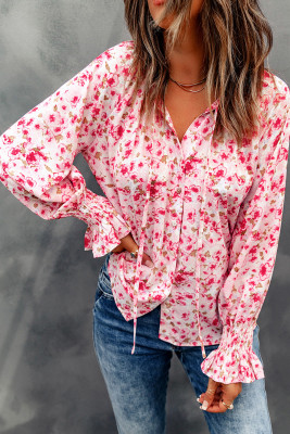 Red Floral Print Tie V Neck Button Up Blouse