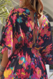 Multicolor Abstract Print V Neck Dolman High Waist Maxi Dress