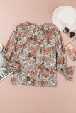 Khaki Floral Print Tie V Neck Button Up Blouse