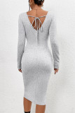 Grey V Neck Smocked Split Bodycon Dress 
