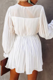 White Pleated Ruffled Tie Waist Buttons V Neck Romper