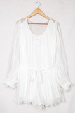 White Pleated Ruffled Tie Waist Buttons V Neck Romper