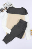 Khaki Color Block Pullover 2pcs Loungewear Set