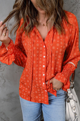 Red Print Tie V Neck Button Up Blouse