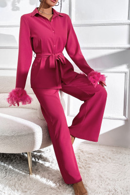 Rosy Suit Top and Wide Leg Pants Two Pieces Set 