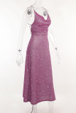Metallic Purple Swing Collar Backless Midi Dress