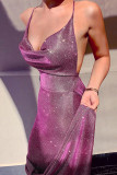 Metallic Purple Swing Collar Backless Midi Dress