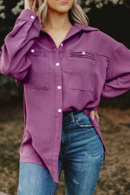 Purple Solid Pocket Long Sleeve Button-up Shirt
