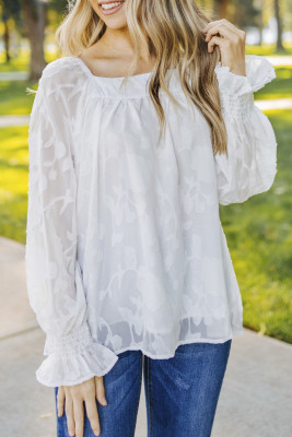 White Square Neck Floral Textured Blouse
