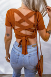 Orange Criss Cross Lace-up Ribbed Square Neck Crop Top