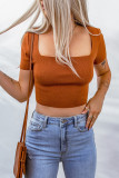 Orange Criss Cross Lace-up Ribbed Square Neck Crop Top