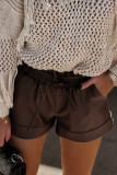 Brown PU Leather Belted High Waist Shorts