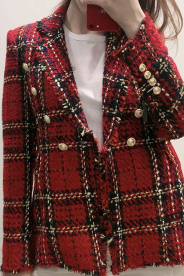 Red Plaid Button Raw Hem Suit Coat 