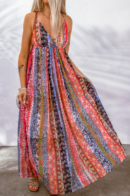 Multicolor Sling V-Neck Backless Boho Maxi Dress