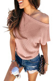 Pink Wide High Straight Neck Waffle Knit Top