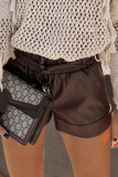 Brown PU Leather Belted High Waist Shorts