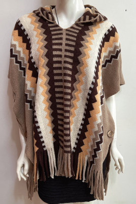 Colorblock Contrast Aztec Tassle Knitting Hooded Sweater