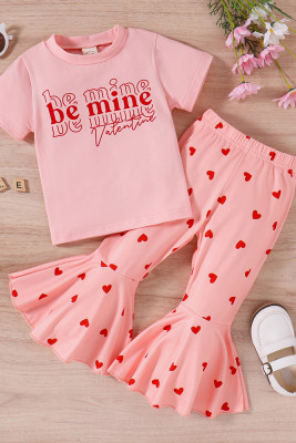 Girls Pink Top and Heart Print Flare Pants 2PCS Set