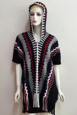 Colorblock Contrast Aztec Tassle Knitting Hooded Sweater 