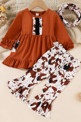 Cow Print Ruffle Top and Flare Pants Girls Two Pieces Set 