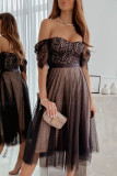 Black Dotted Lace Mesh Off Shoulder Evening Dress