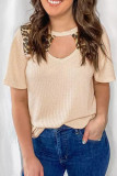 Apricot Leopard Patchwork Waffle Knit Cut Out Short Sleeve T Shirt