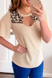 Apricot Leopard Patchwork Waffle Knit Cut Out Short Sleeve T Shirt
