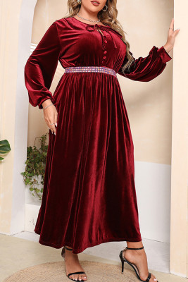 Plus Size Wine Red Pleated Velvet Dress 
