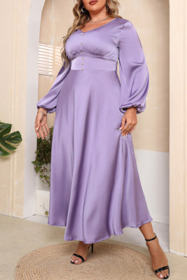 Plus Size Purple Puff Sleeves Ruffle Dress