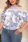 Plus Size White Lace Sheer Printing Top 
